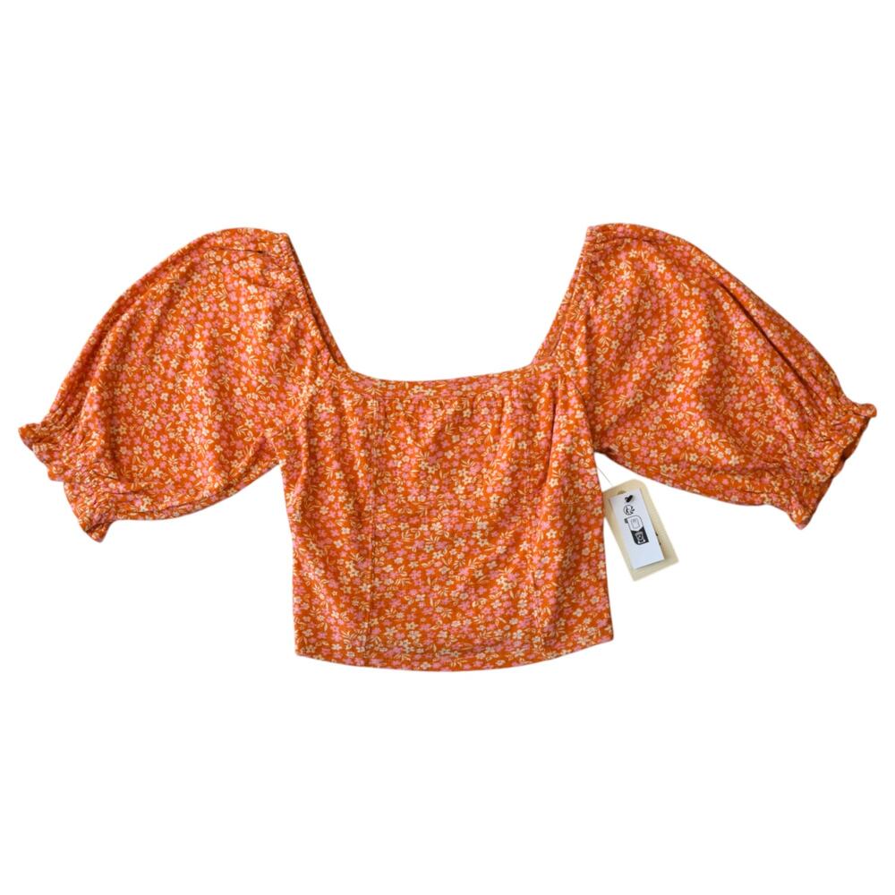 Billabong Orange Floral Puff Sleeve Crop Top Small NWT 100% Cotton